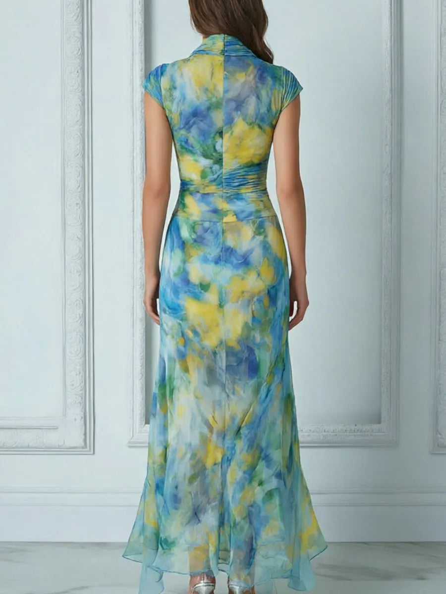 Elegant Draped Cowl Neck Blue Yellow Impressionist Print Dress
