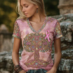 Celtic Tree Of Life & Pink Ribbon Embroidered Pink T Shirt