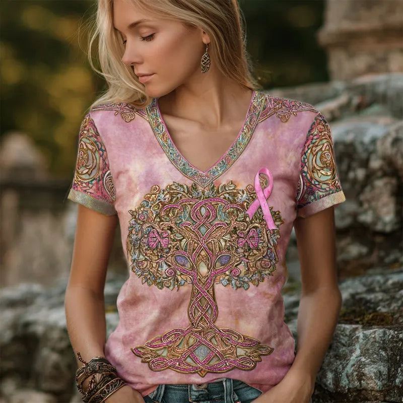 Celtic Tree Of Life & Pink Ribbon Embroidered Pink T Shirt