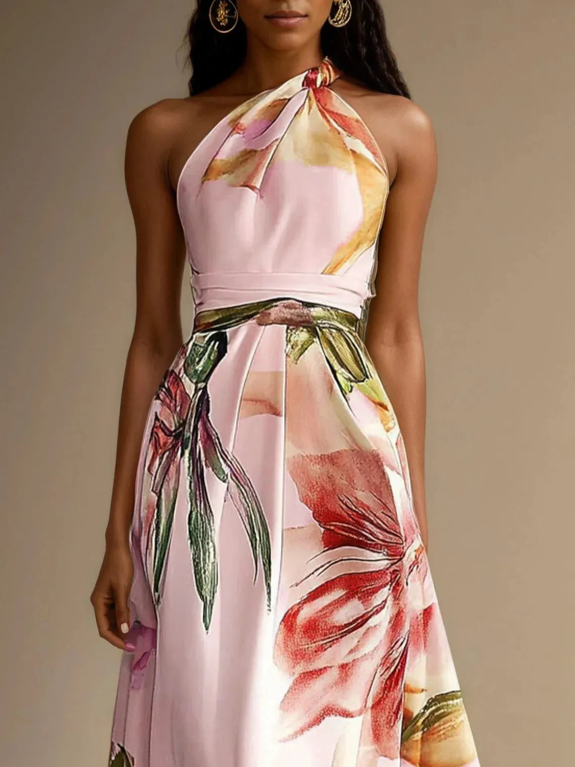 Lavender Purple Floral Satin One Shoulder Sleeveless A-Line Floor-length Gown With Pockets