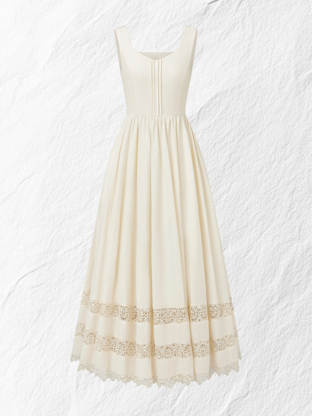 Maxi Linen Dress, Sleeveless, Sweetheart Neckline, Plain, Lace, Vintage, White