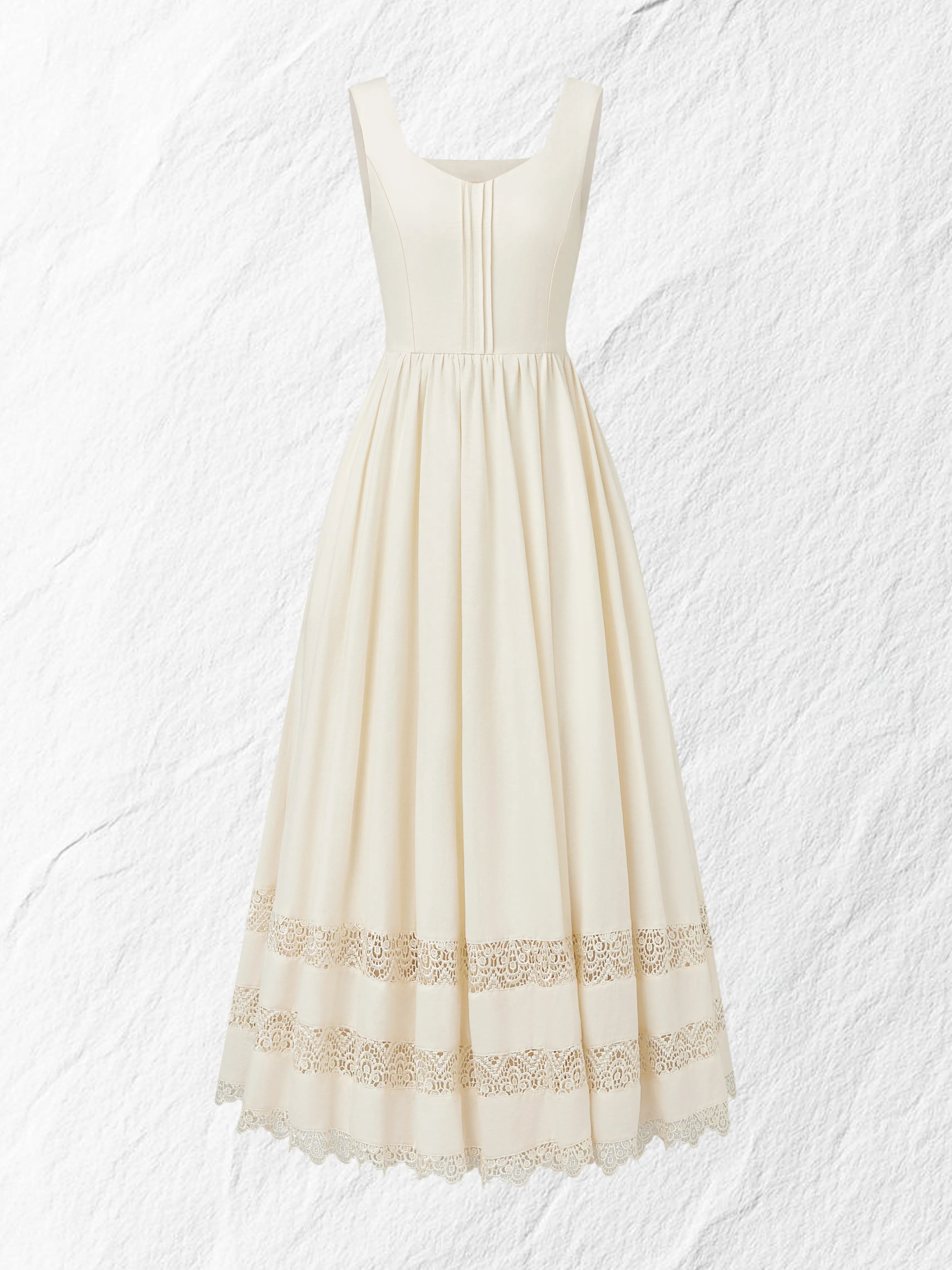 Maxi Linen Dress, Sleeveless, Sweetheart Neckline, Plain, Lace, Vintage, White