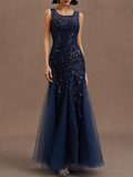 Purplish Blue Sequin Crew Neck Sleeveless Sheath Maxi Mother of the Bride or Groom Dress
