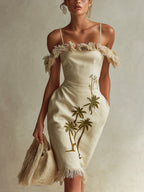 Beige Linen Embroidered Tassel Mini Dress