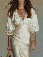 Elegant Boho Wrap-Style Waist Fitted Midi Dress