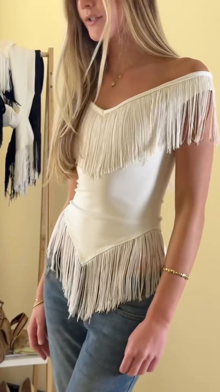 White Off Shoulder Double Fringe Fitted Top