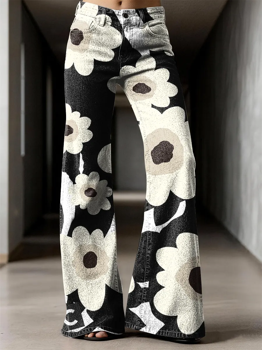 Retro Flowers Pattern Art Print Casual Flared Jeans