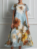 Elegant Floral Chiffon A-Line Midi Dress
