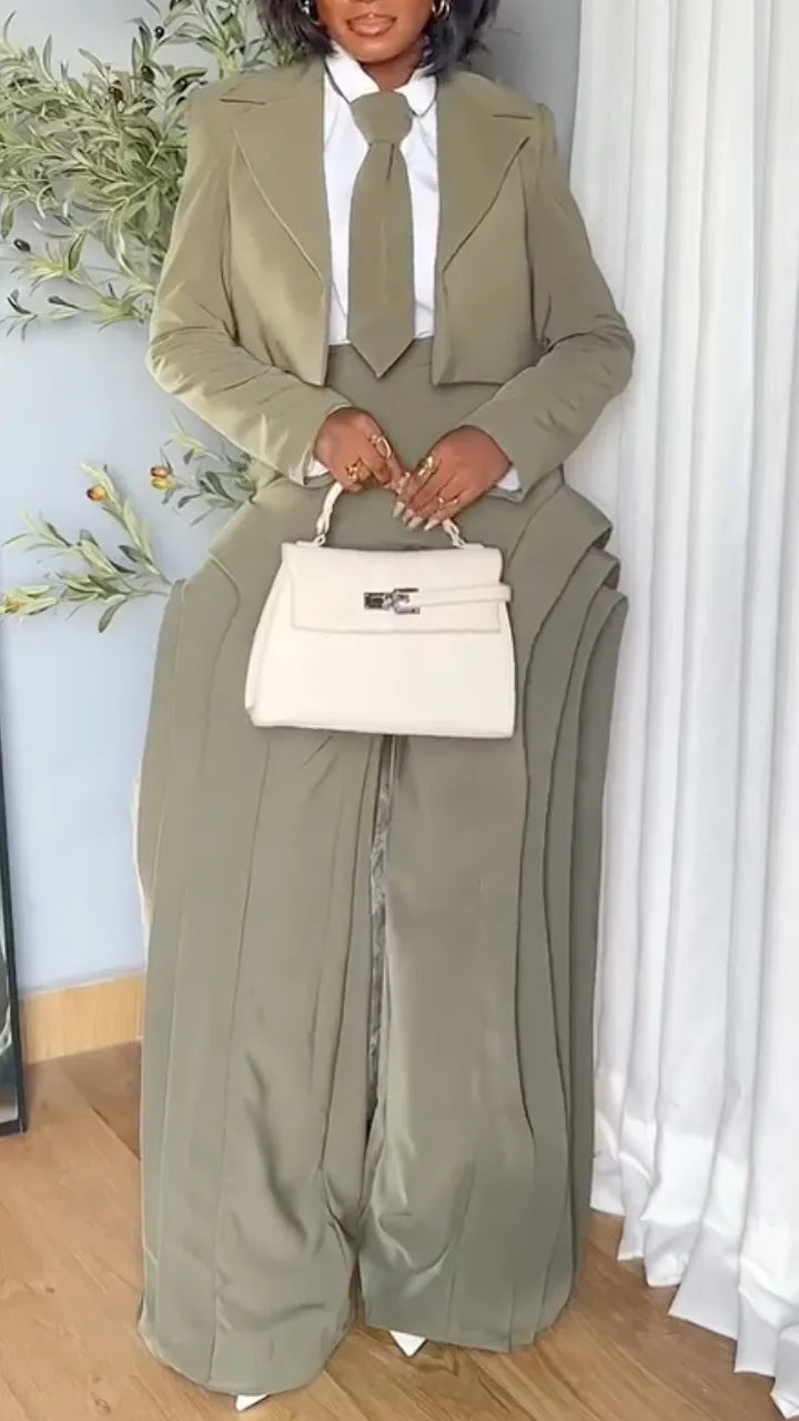 Olive Cropped Lapel Blazer Layer Flare Pant Suit Set