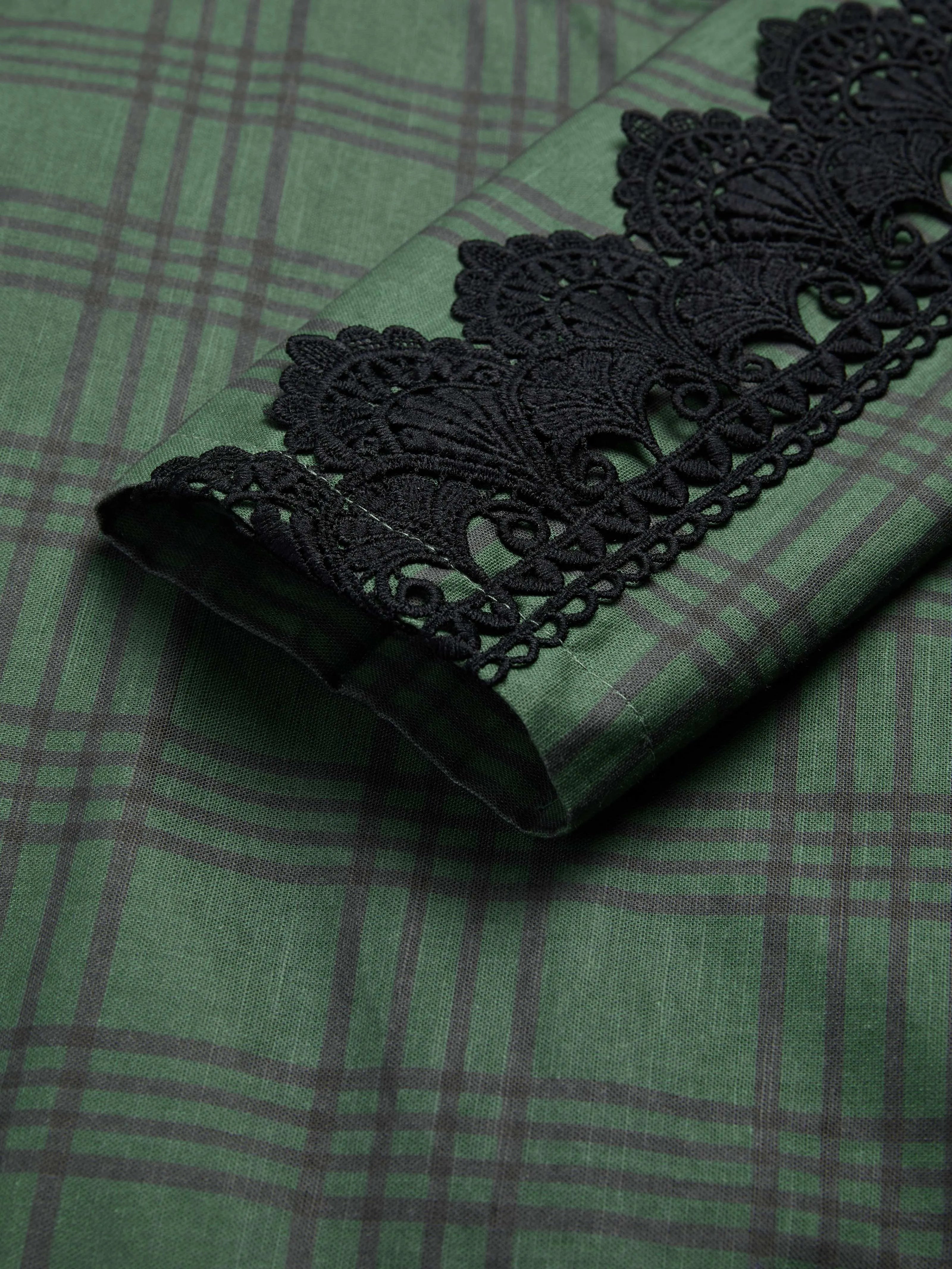 Maxi Linen Dress, Long Sleeves, V Neck, Plaid, Lace, Vintage, Deep Green