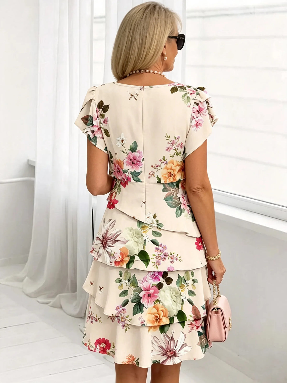 Women's Floral Print Tiered Chiffon Dress, Short Flutter Sleeve Loose Multi-Layer Tummy Covering Shift Dress, Casual Summer Flowy Dress for Daily Vacation Beach