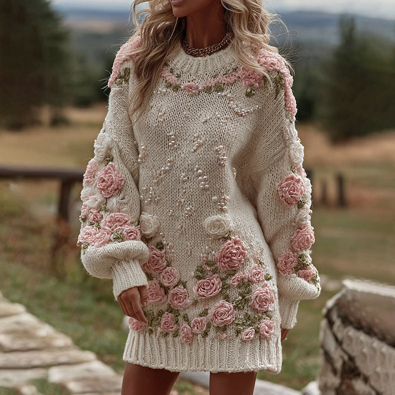 Women's Rose Art Cozy Knit Mini Sweater Dress