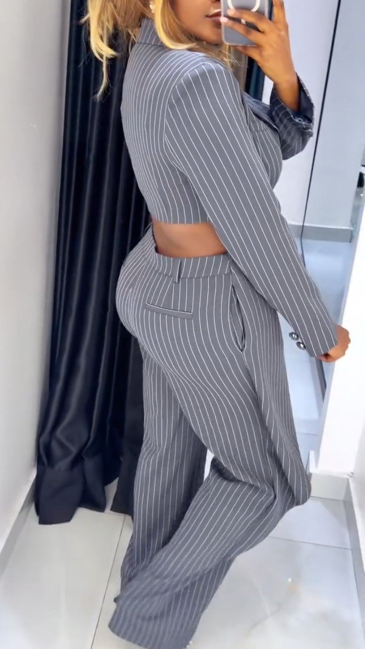 Striped Cropped Blazer & Wrap Overlap Pant Suit