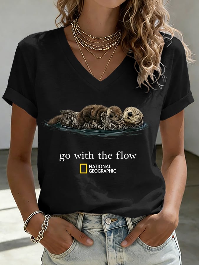 V-Neck Retro Sea Otters Go With The Flow Print T-Shirt