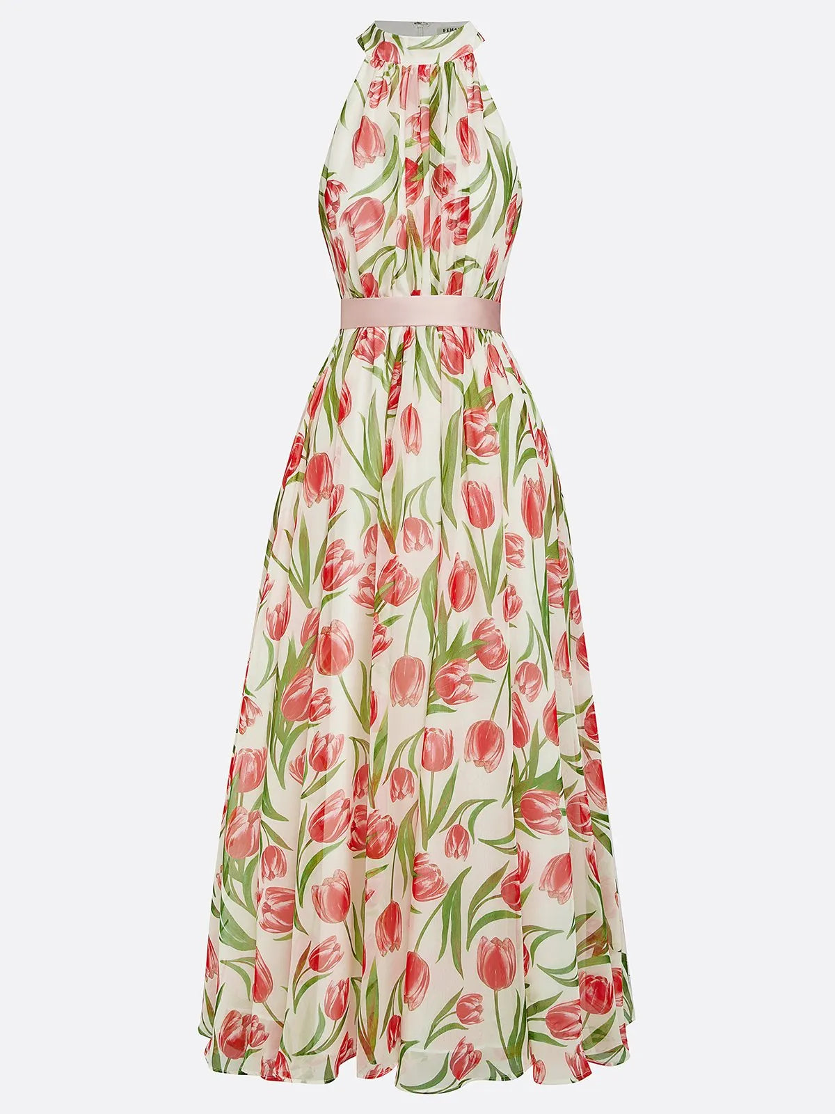 Pink Floral Chiffon Halter Sleeveless A-Line Maxi Dress