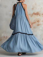 Halter V-Neck Contrast Trim Tiered Maxi Dress