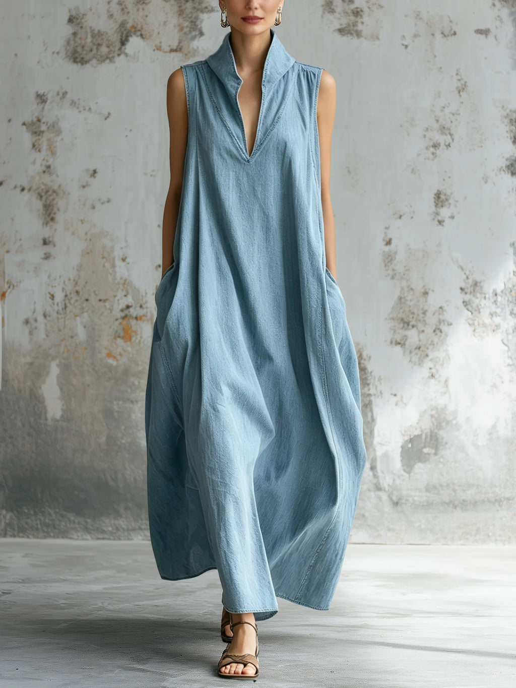 Light Wash Denim Sleeveless High-Collar Maxi Dress