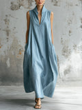 Light Wash Denim Sleeveless High-Collar Maxi Dress
