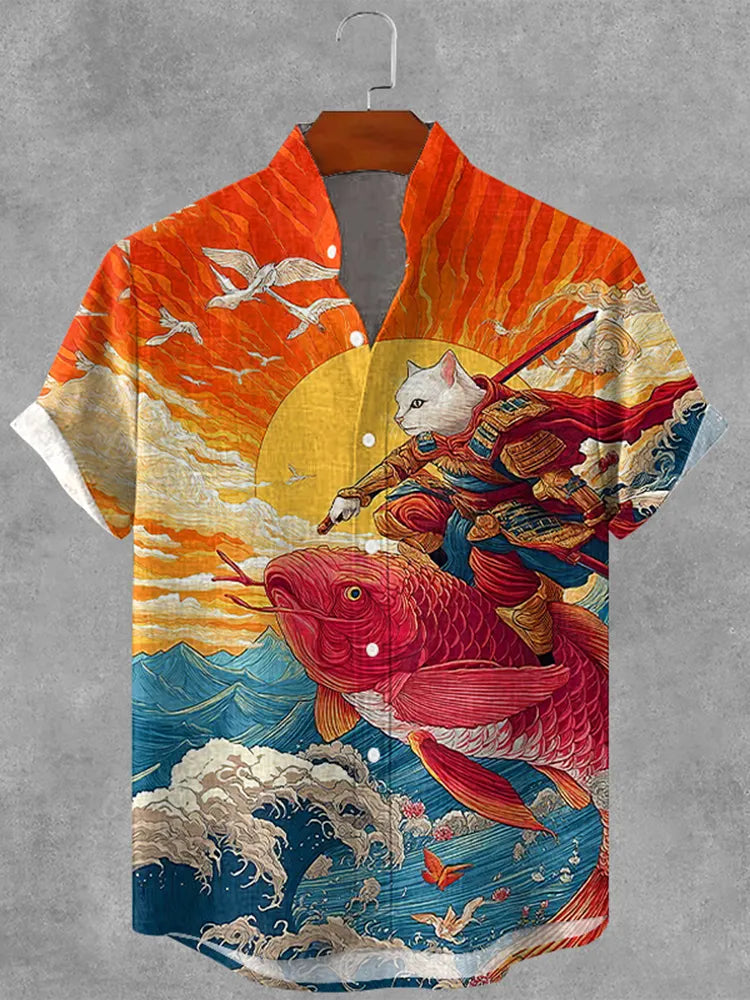 Men's Warrior White Cat Riding A Koi Japanese Art Print Short Sleeve Shirt