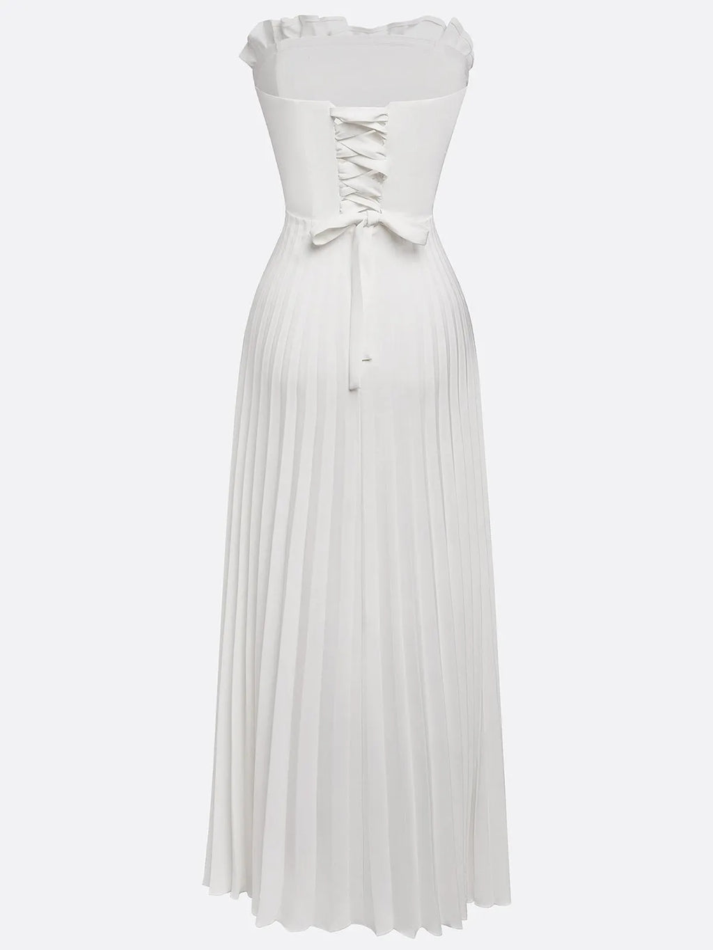 White Pleated Satin Strapless Sleeveless A-Line Maxi Dress