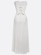 White Pleated Satin Strapless Sleeveless A-Line Maxi Dress