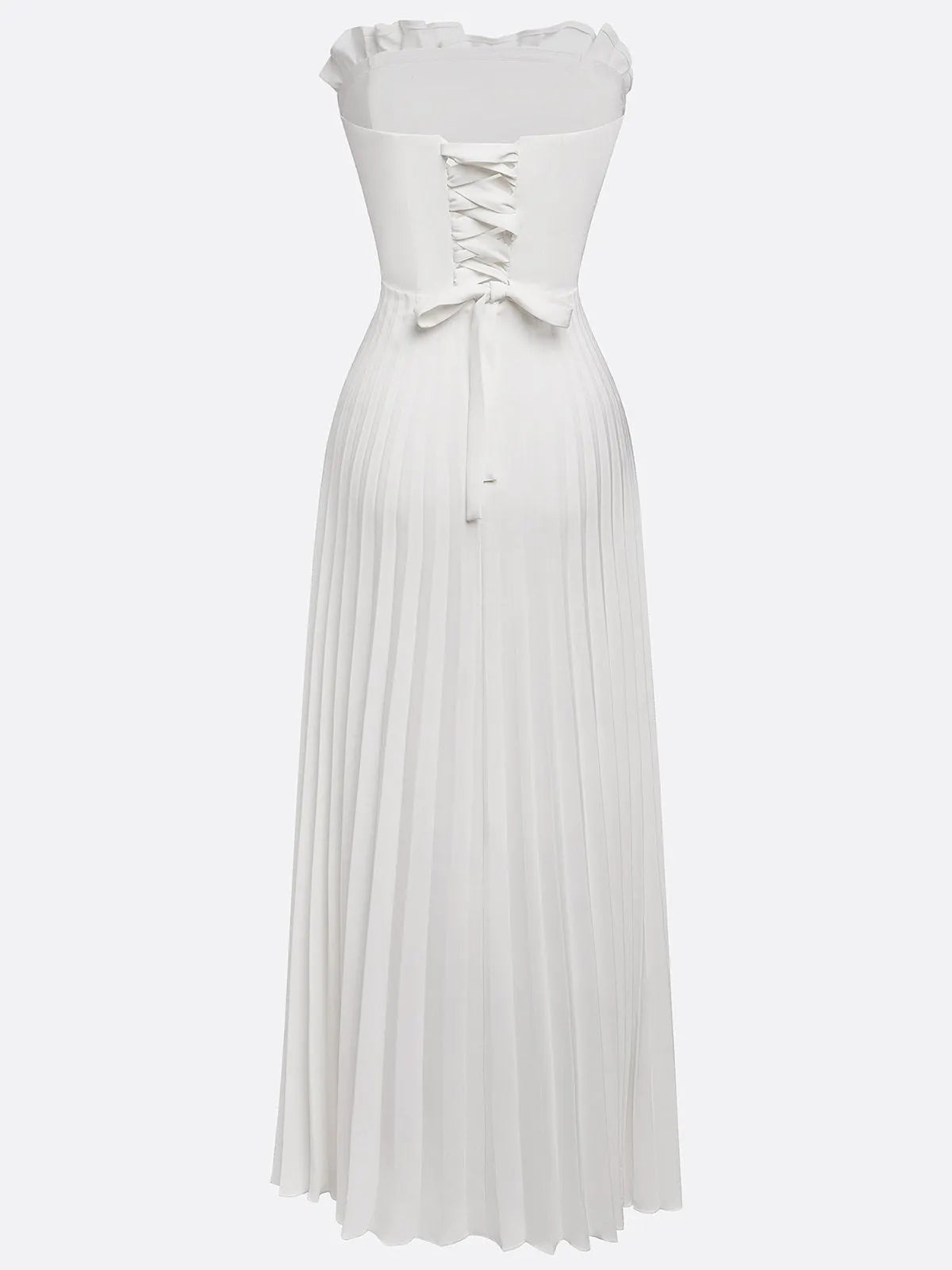 White Pleated Satin Strapless Sleeveless A-Line Maxi Dress
