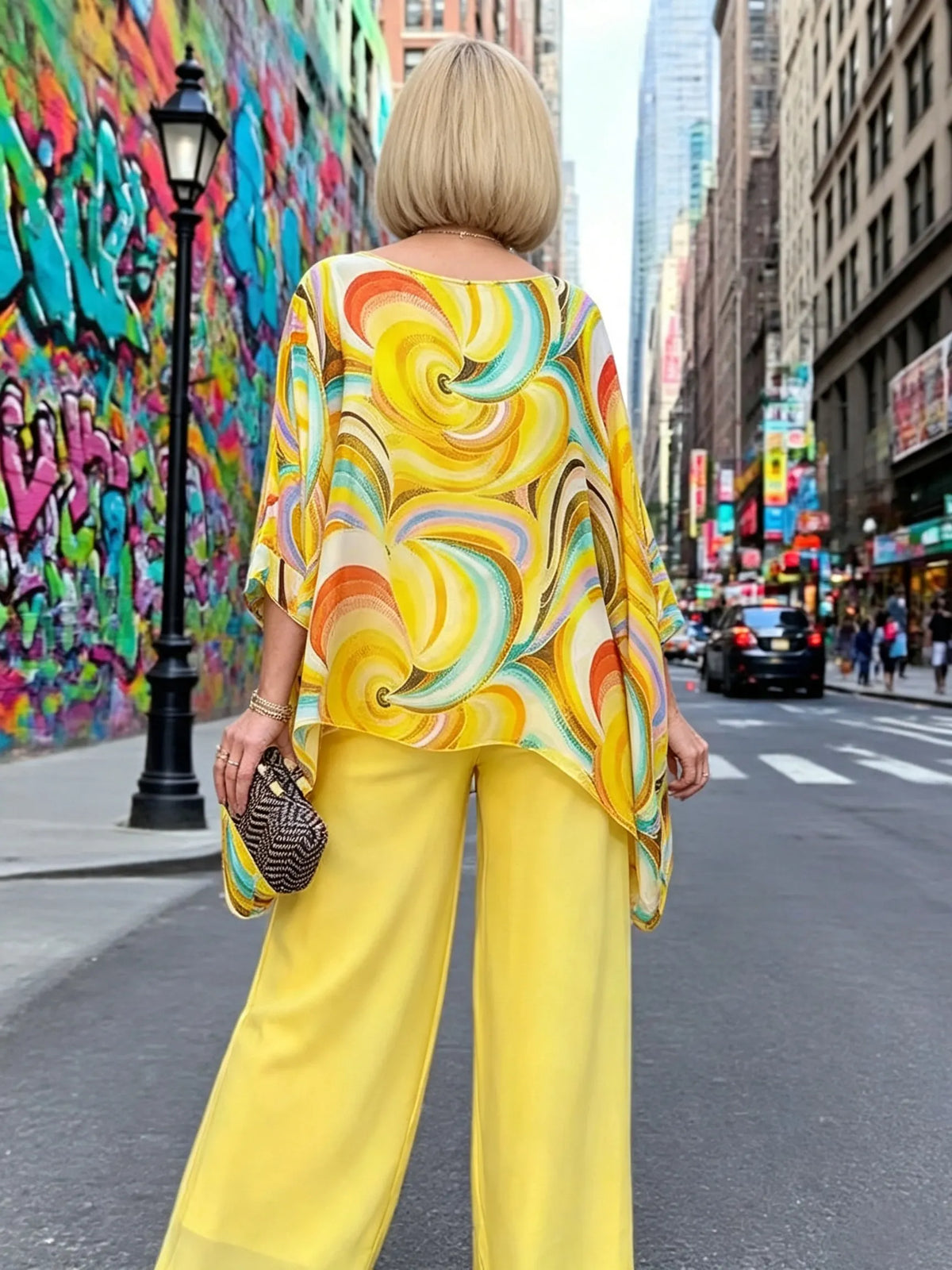 Vibrant Swirl Print Chiffon 2‐Piece Outfit, Loose Boat Neck Tunic Top & Bright Wide‐Leg Pants Set for Women