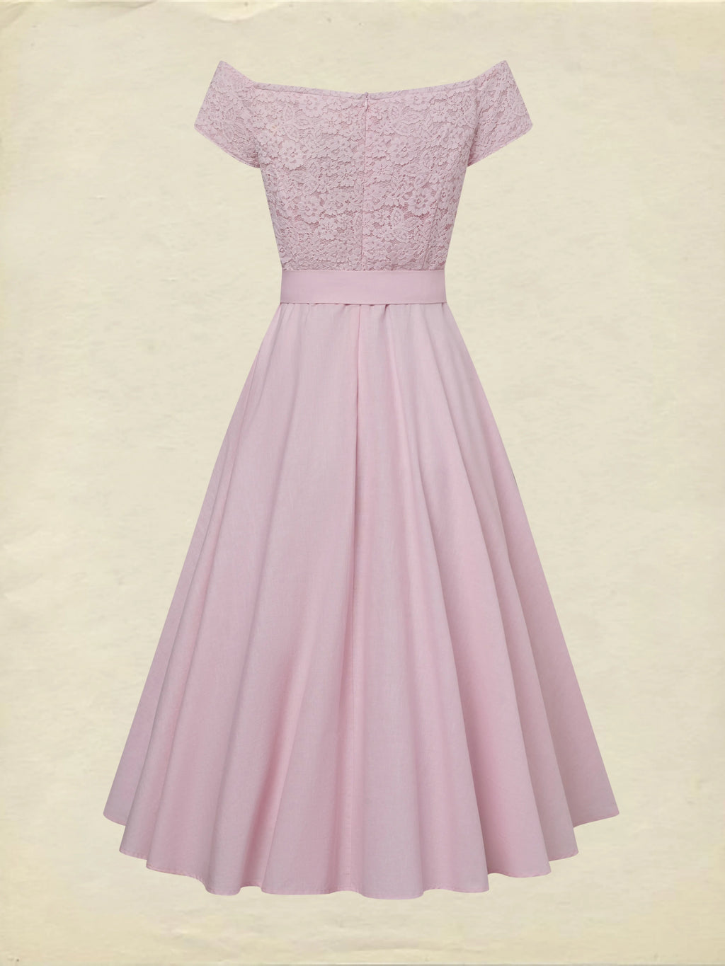 Midi Cotton Dress, Sleeveless, Off The Shoulder, Plain, Lace, French Vintage, Pink