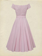Midi Cotton Dress, Sleeveless, Off The Shoulder, Plain, Lace, French Vintage, Pink