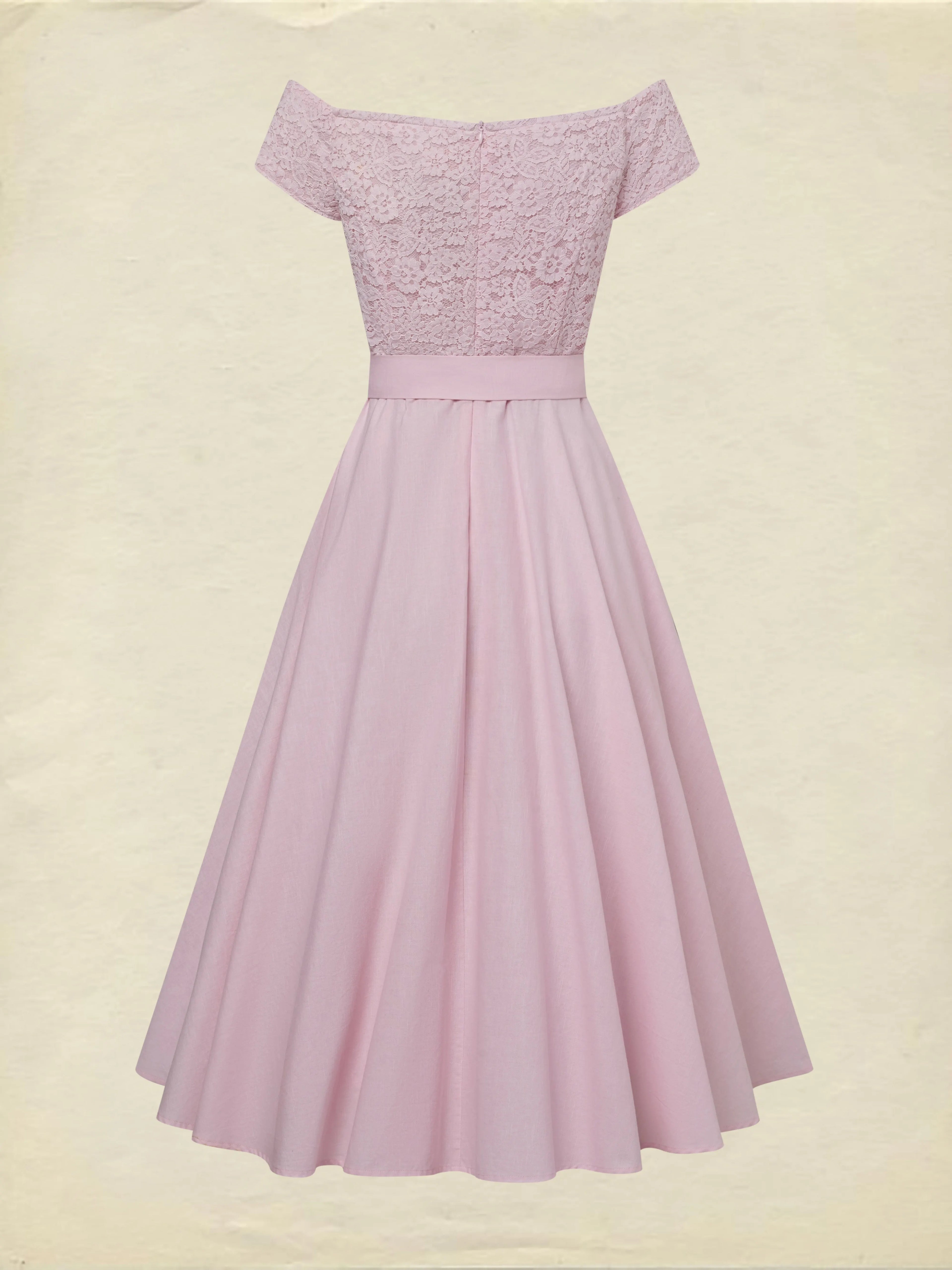 Midi Cotton Dress, Sleeveless, Off The Shoulder, Plain, Lace, French Vintage, Pink
