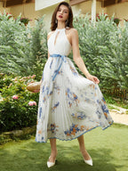 White Pleated Floral Chiffon Halter Sleeveless A-Line Maxi Dress