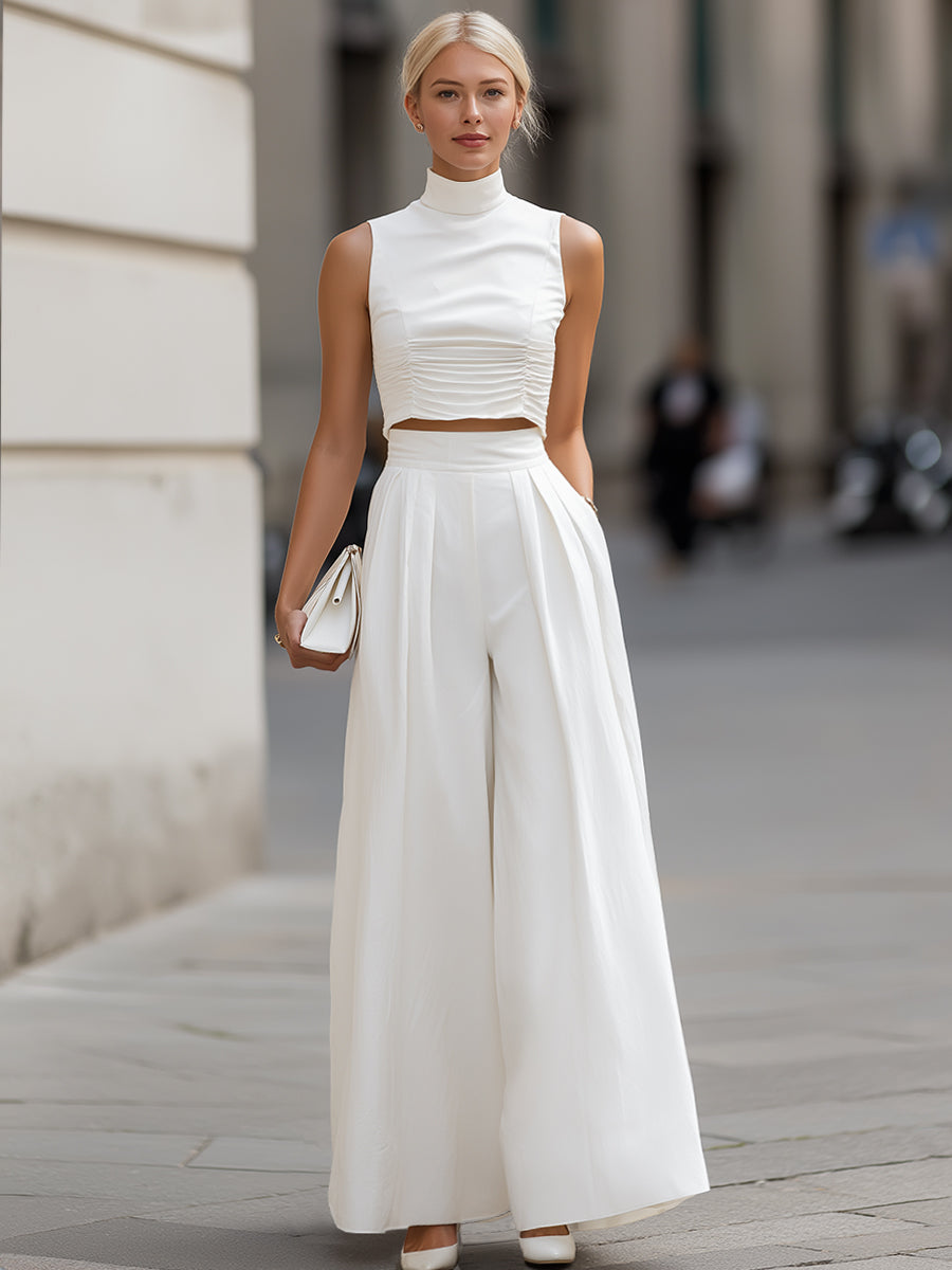 Mock Neck Ruched Crop Top & Wide-Leg Pants Set