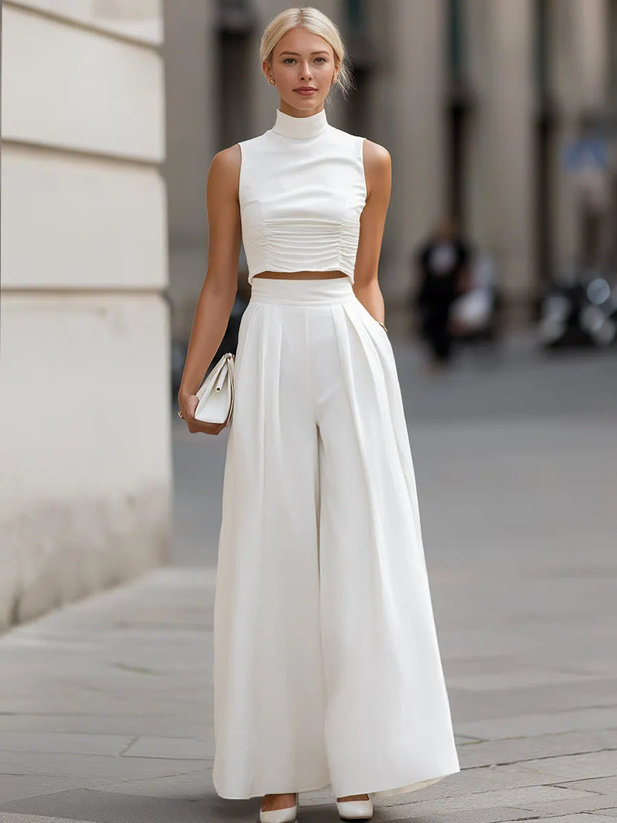Mock Neck Ruched Crop Top & Wide-Leg Pants Set