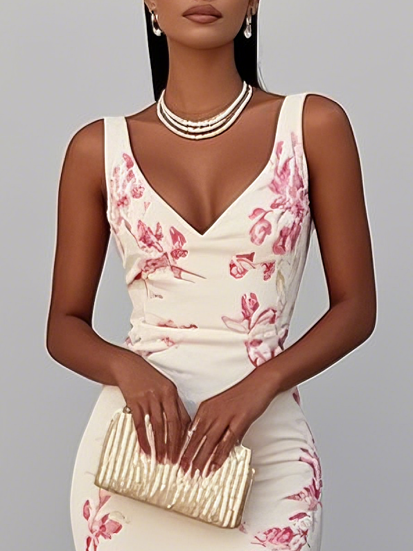 White Pink Floral V Neck Sleeveless Mermaid Midi Dress