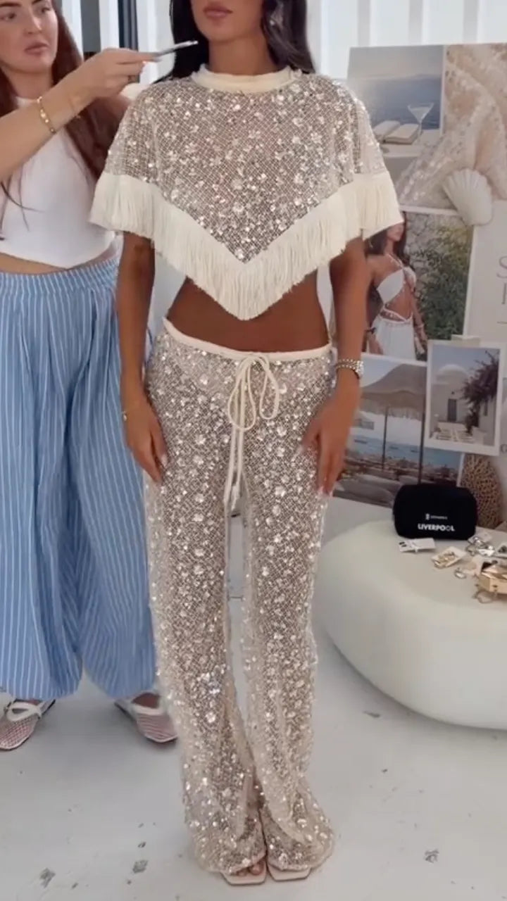 Sequin Fringe Mesh Two‑Piece Set