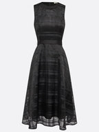 Black Organza Mesh Plaid Classic Crew Neck Sleeveless A-Line Midi Dress