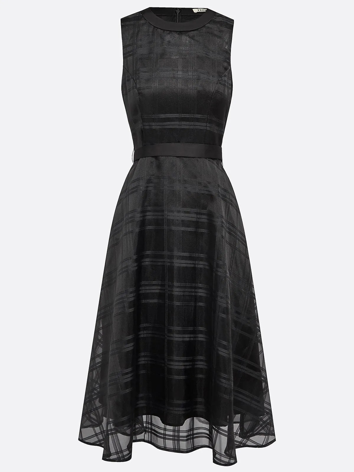 Black Organza Mesh Plaid Classic Crew Neck Sleeveless A-Line Midi Dress