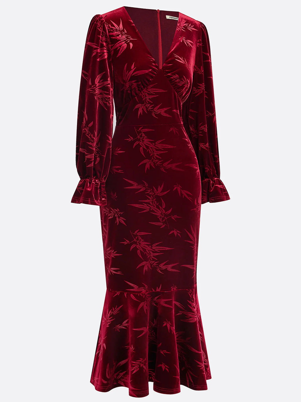 Wine Red Embossed Jacquard Velvet V Neck Long Sleeve Bell Sleeve Mermaid Maxi Dress