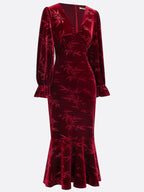 Wine Red Embossed Jacquard Velvet V Neck Long Sleeve Bell Sleeve Mermaid Maxi Dress