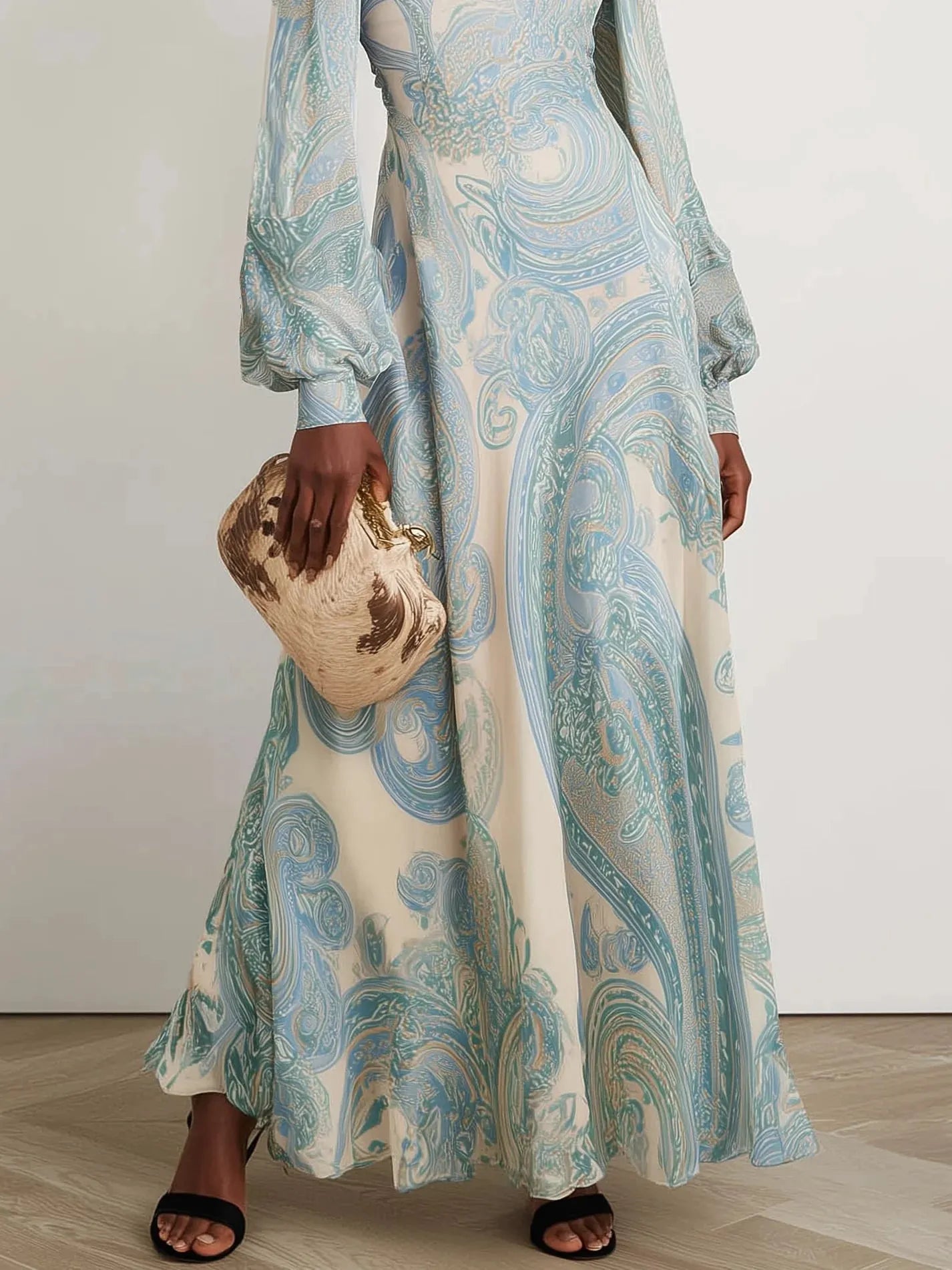 Light Blue Paisley Chiffon Crew Neck Long Sleeve Balloon Sleeve A-Line Maxi Dress With Pockets