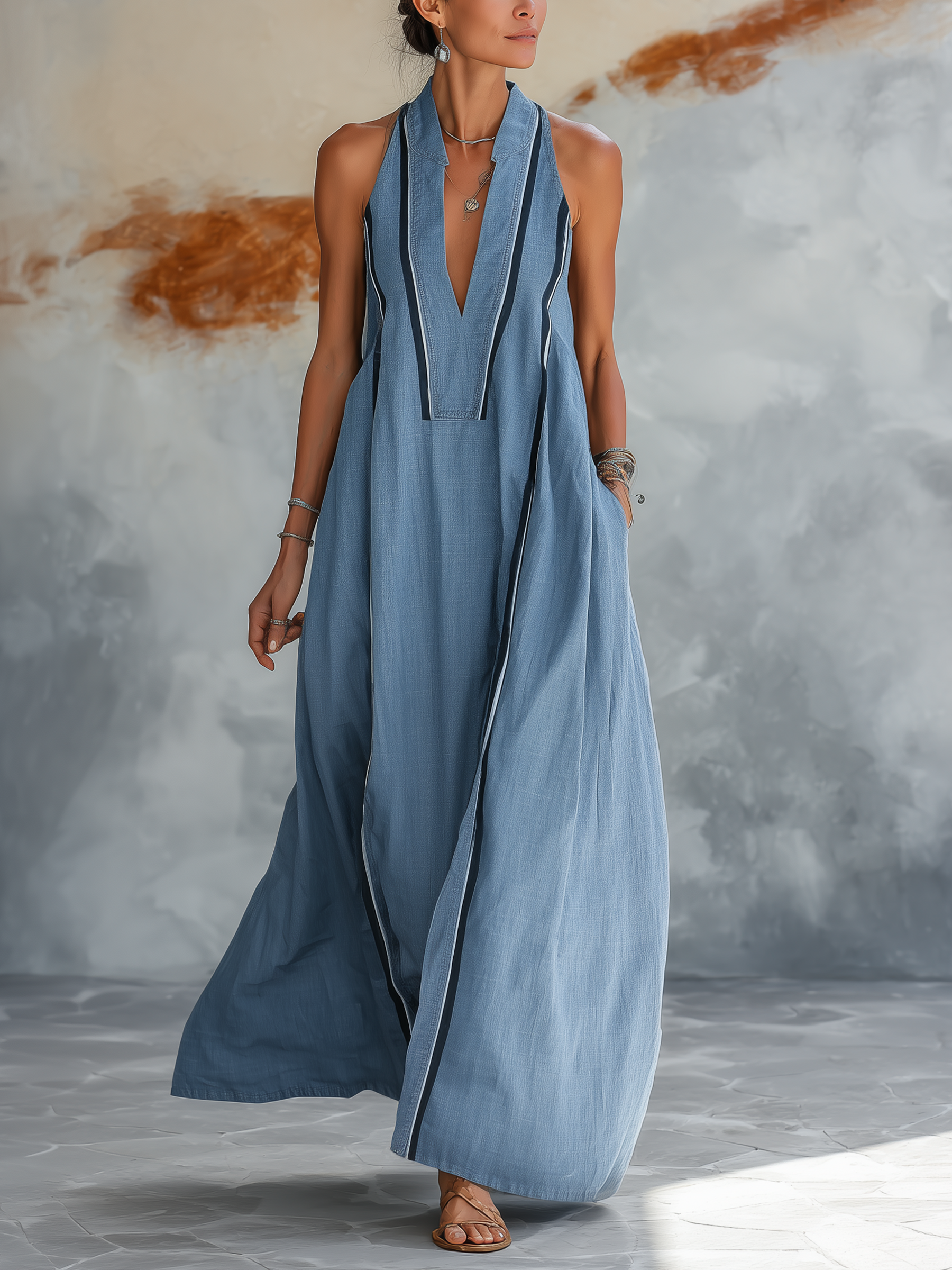 Light Blue Tencel Denim Halter Neck Striped Maxi Dress