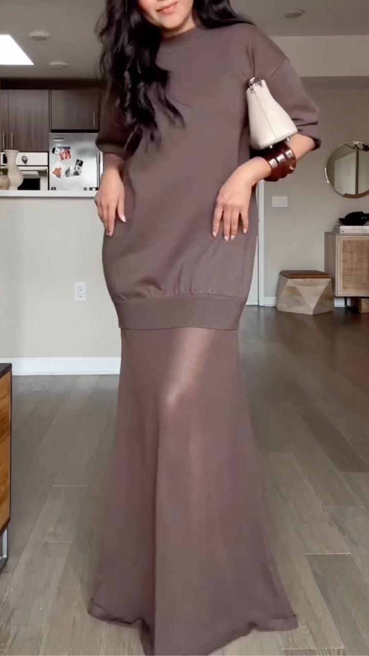 Women's Round-Neck Long Dress with Sheer Paneling