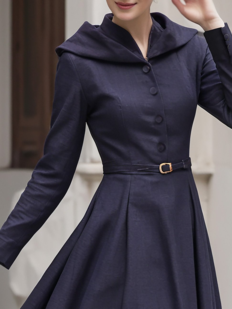 Midi Cotton Dress, Long Sleeves, Stand Collar, Floral, Button Design, Vintage, Deep Purple