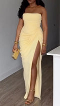 Strapless Ruched High Slit Maxi Dress