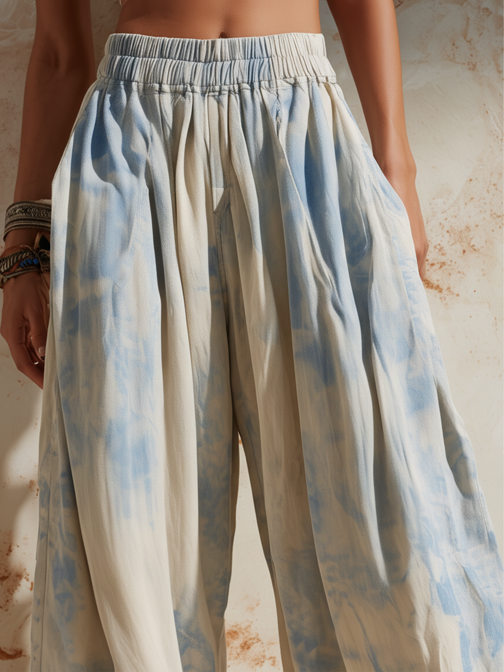 Beige High-Waisted Wide-Leg Pants With Elastic Waistband