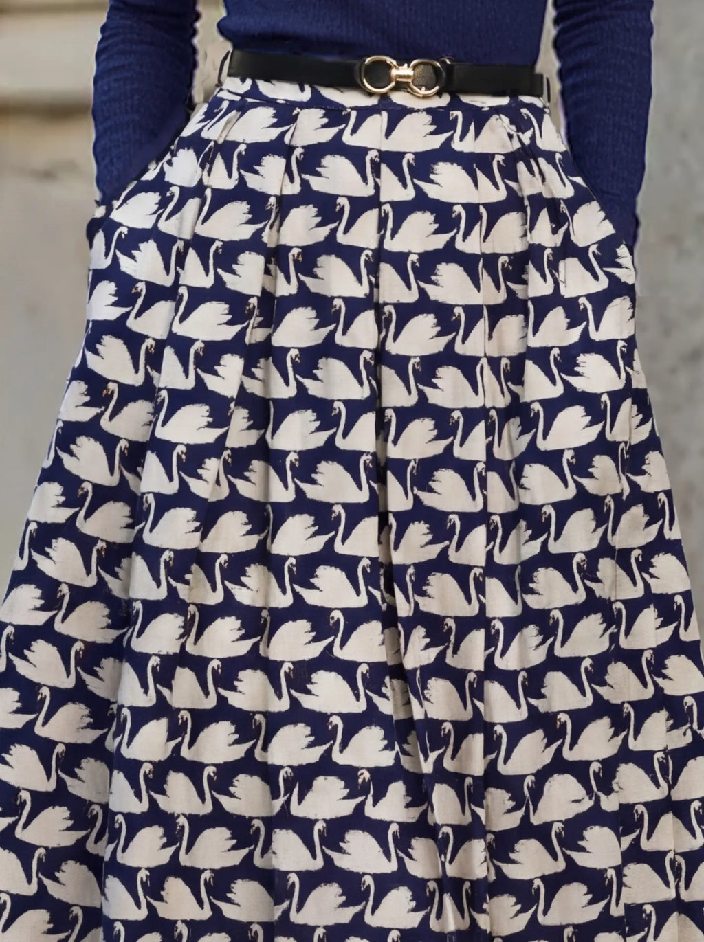 Maxi Cotton Skirt, Animal, Swan Print, Pocket Design, Vintage, Purplish Blue
