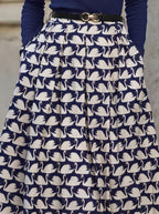 Maxi Cotton Skirt, Animal, Swan Print, Pocket Design, Vintage, Purplish Blue