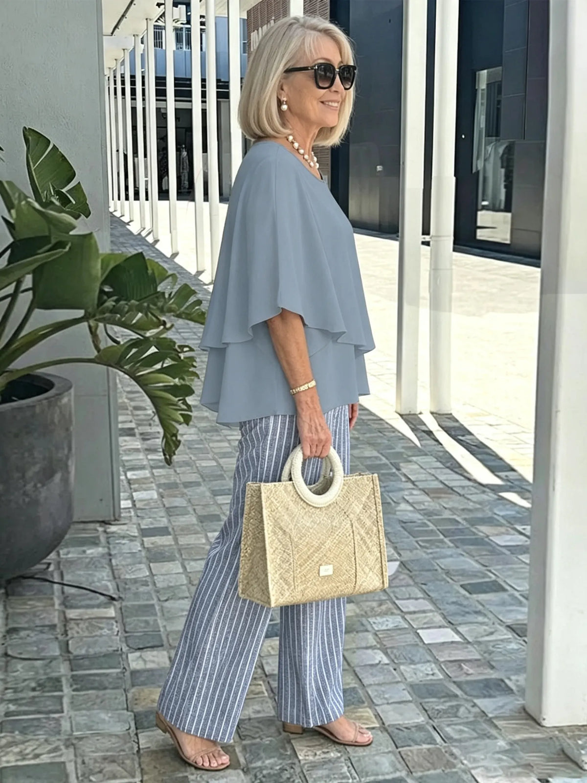 Women's 2 Piece Outfits Set, Crew Neck Flutter Sleeve Layered Blouse & Leaf Print Straight Leg Pants, Casual Loose Matching Two Piece Set for Summer Daily Wear