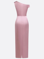 Pink Satin One Shoulder Sleeveless Sheath Gown Dress
