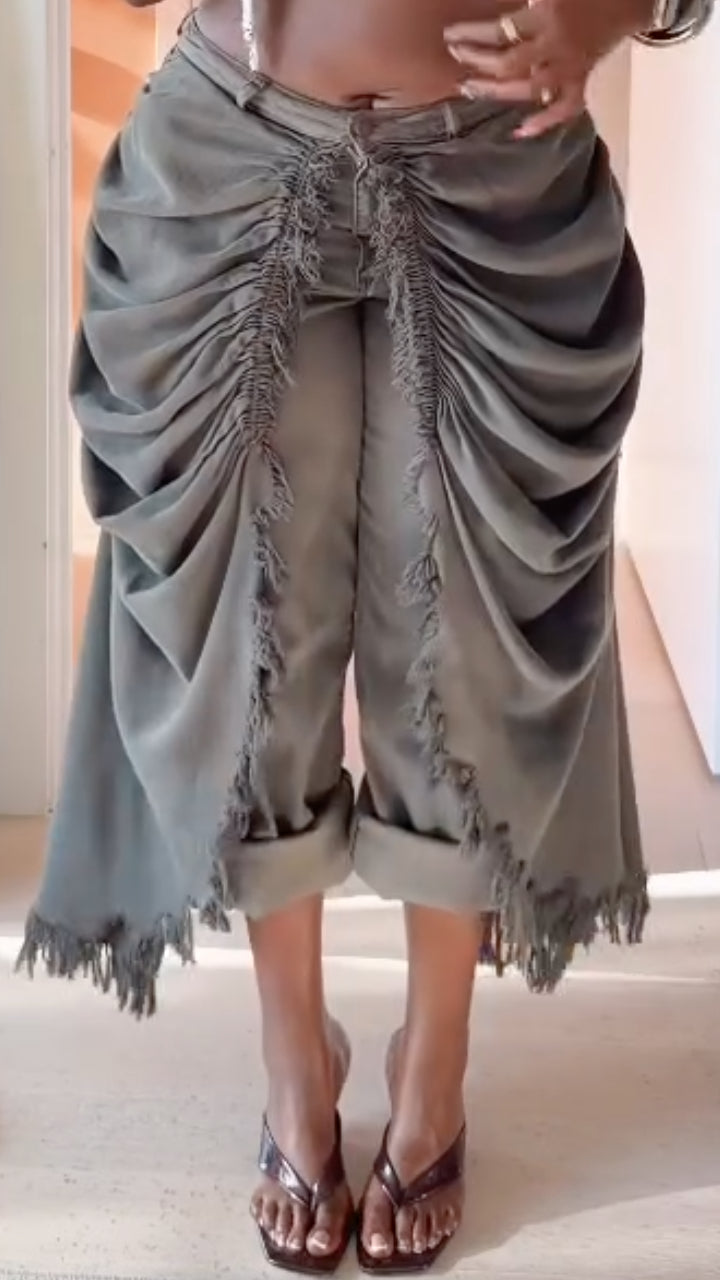 Dark Grey Front Ruched Fringe Asymmetric Capri Pants